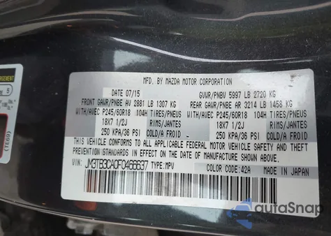 2015 Mazda Cx-9 Touring z USA, uszkodzony, nr VIN JM3TB3CA0F0466637